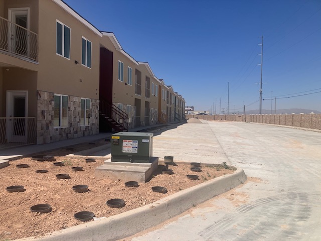 Lee Place apartment building walkway
